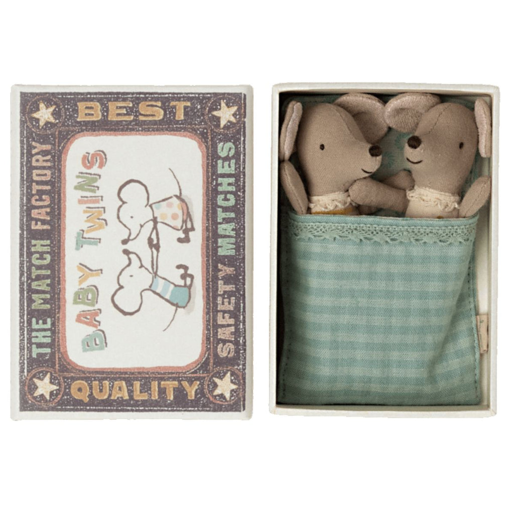 Maileg | Two small mice soft toys inside a miniature blue sleeping bag inside a matchbox | Chocoloons