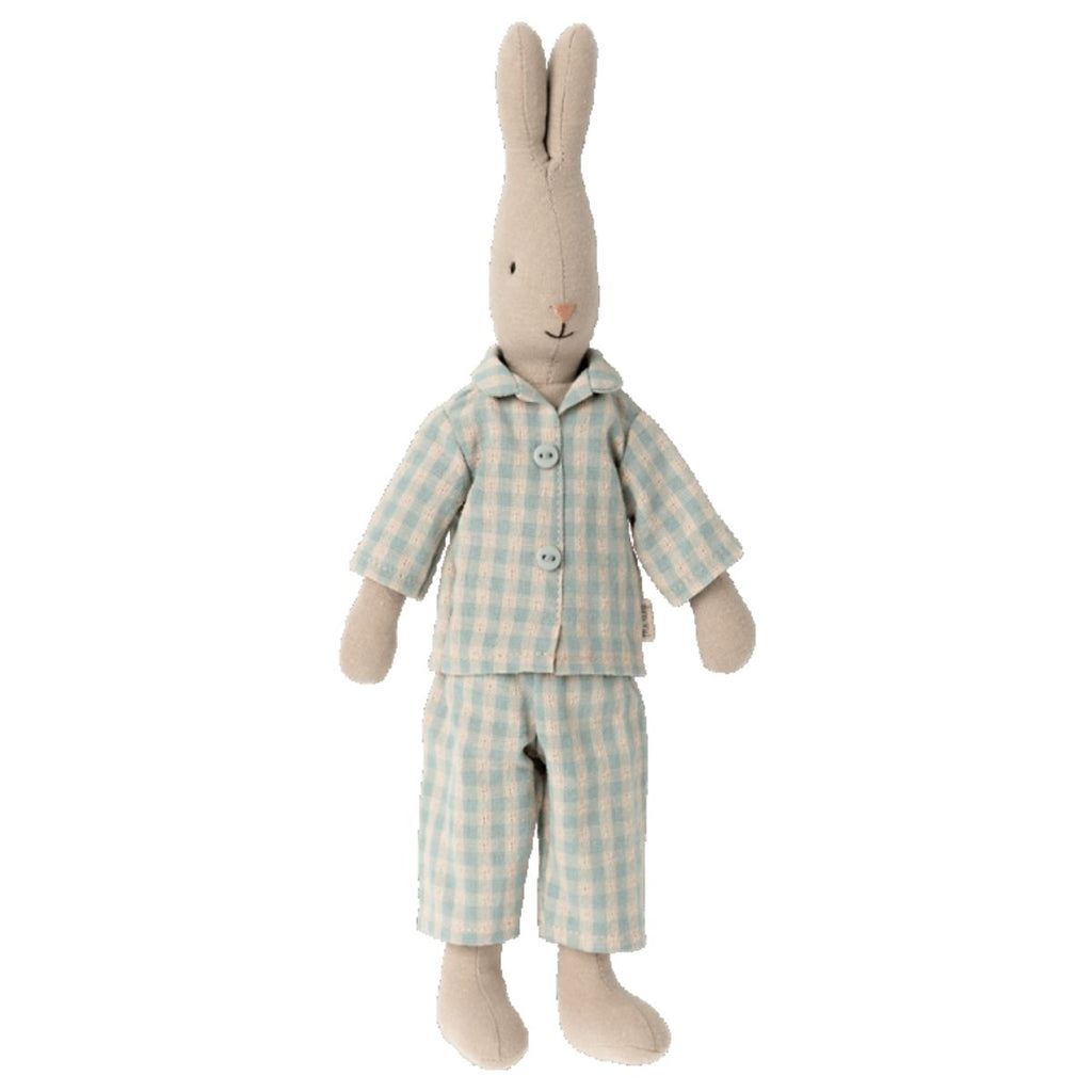 Maileg | Cream coloured bunny soft toy wearing a blue tartan Pyjama set | Chocoloons