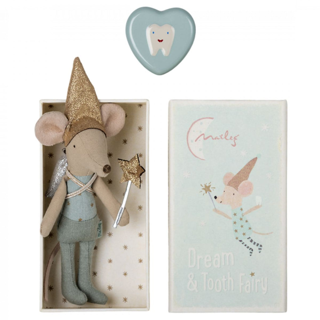 Maileg | Blue coloured tooth fairy mouse with star wand |  Comes in a light blue match box with a small blue heart shaped tin with a tooth on the front | Chocoloons Toys