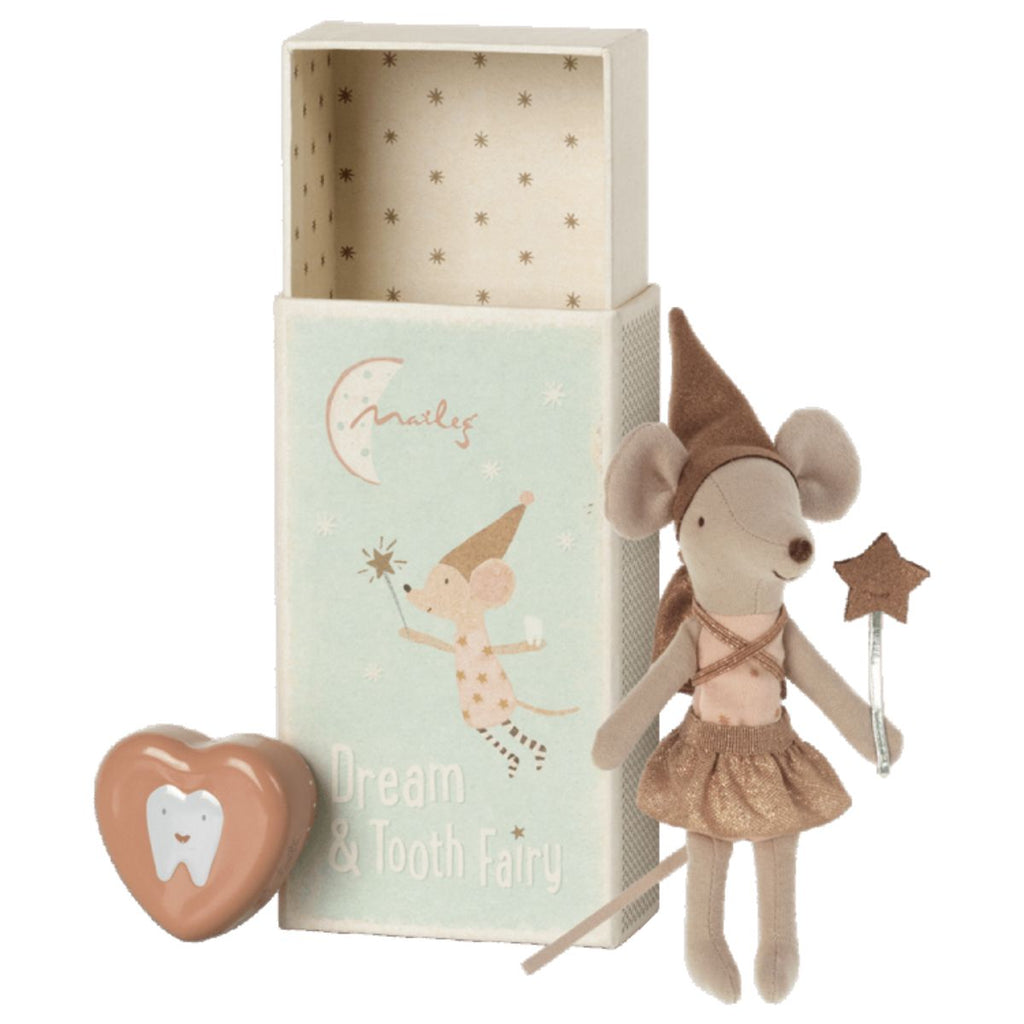 Maileg | Rose coloured tooth fairy mouse with star wand |  Comes in a light blue match box with a small pink heart shaped tin with a tooth on the front | Chocoloons Toys