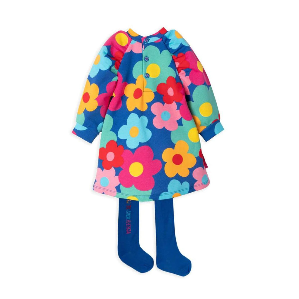 Agatha Ruiz De La Prada | Multicoloured Flower Long Sleeve Dress | Blue Tights | Back View | Chocoloons