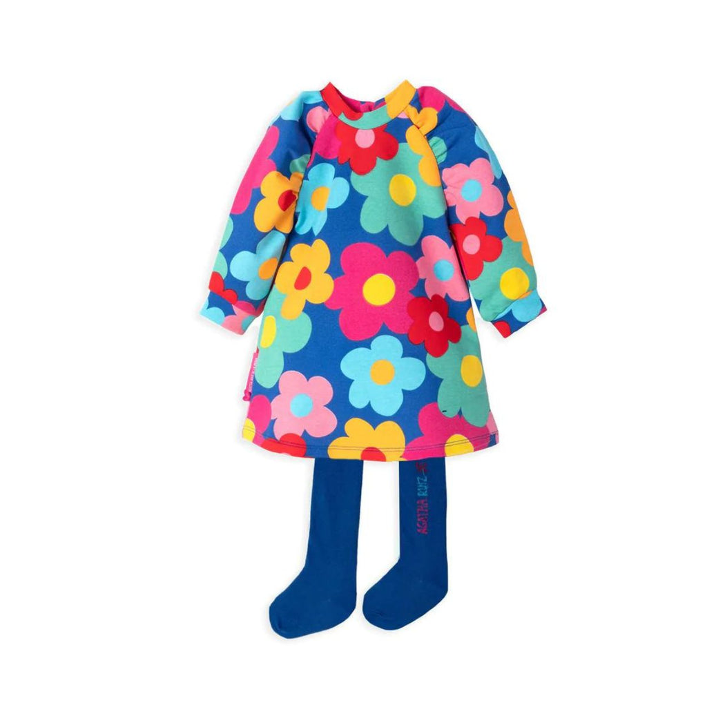 Agatha Ruiz De La Prada | Multicoloured Flower Long Sleeve Dress | Blue Tights | Front View | Chocoloons  