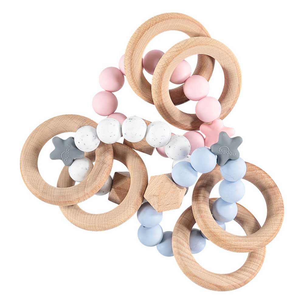 Stellar Natural Wood Teething Bracelets | Pink, Speckled White, Blue | Chocoloons