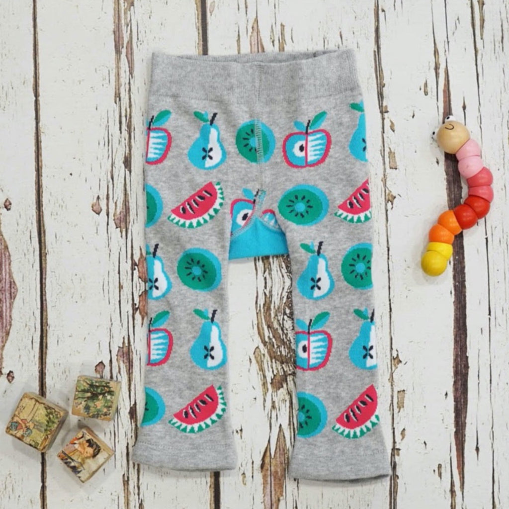 Blade & Rose | Grey baby leggings with a blue, pink and green apple and kiwi pattern | Chocoloons