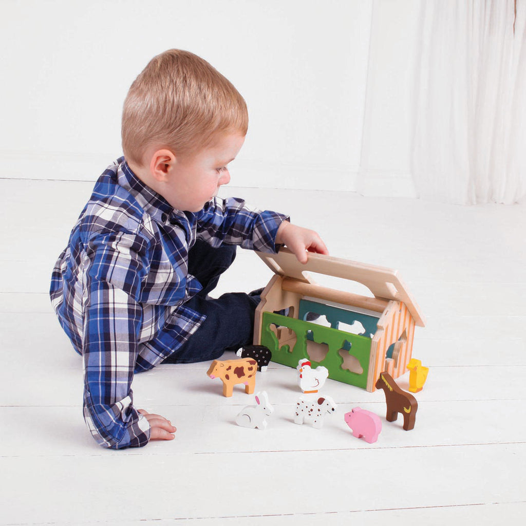 Boy Playing With Big Jigs Wooden Farm House Sorter | Chocoloons