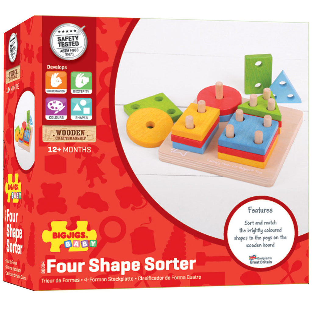 Bigjigs Wooden Four Shape Sorter | Boxed View | Chocoloons