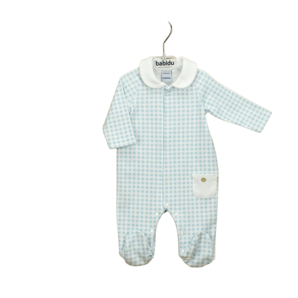 Babidu | Sky Blue And White Gingham Babygrow | Front View | Chocoloons