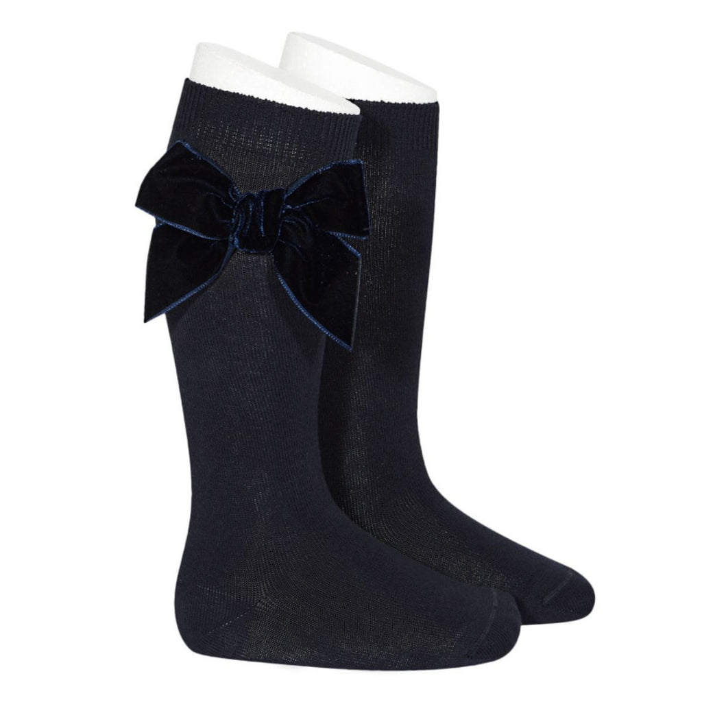 Cóndor | Cotton Knee Socks with Side Velvet Bow | Navy Blue | Chocoloons