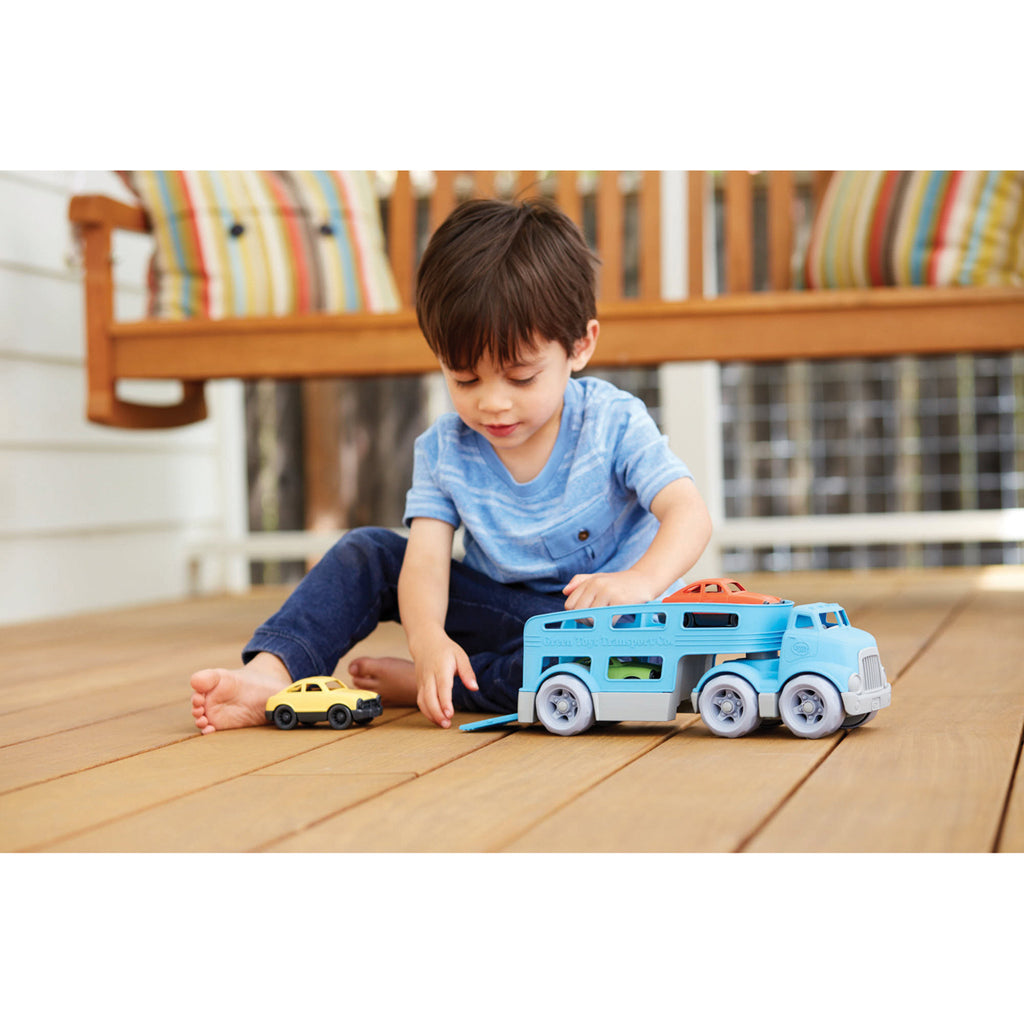 Boy Playing With Green Toy Car Carrier With 3 Cars | Chocoloons