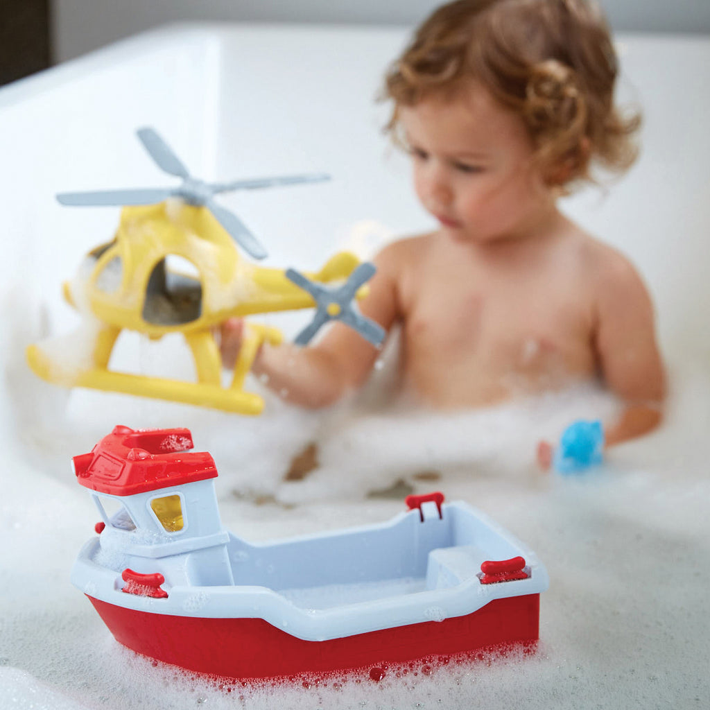 Child Playing With A Green Toys Rescue Boat And Helicopter | Bath Toy | Chocoloons