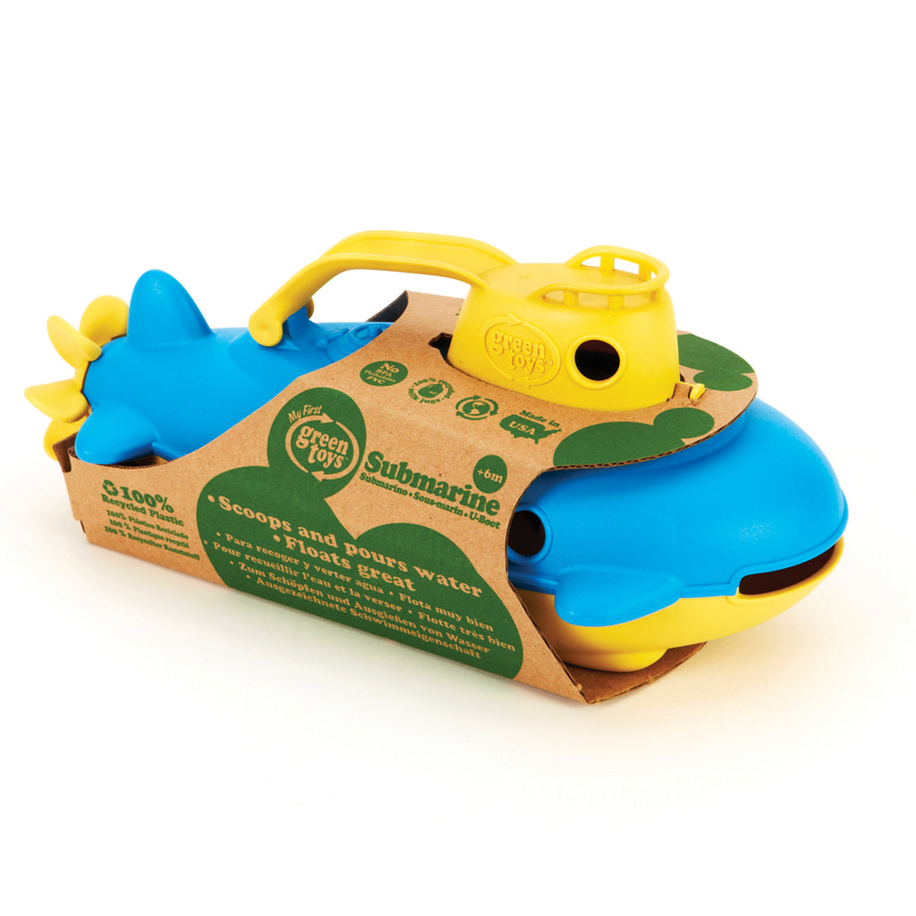 Green Toys Submarine | Blue With Yellow Handle | Boxed View | Chocoloons