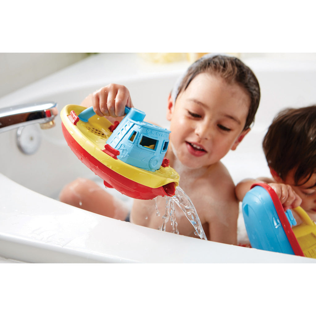 Children Playing With Green Toys Tug Boats In Bath | Chocoloons