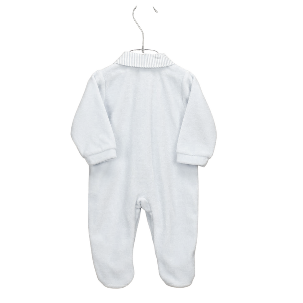 Babidu Baby | Pale grey velvet baby grow | Long sleeves with feet covered | Stripe pattern around the collar | Back view | Chocoloons