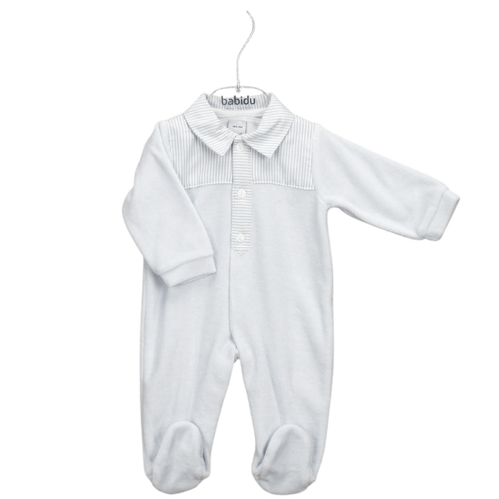 Babidu Baby | Velvet Pale Grey Long Sleeve Baby Grow With Shirt Collar | Stripe Detail Around Shirt Collar | Front View |Chocoloons