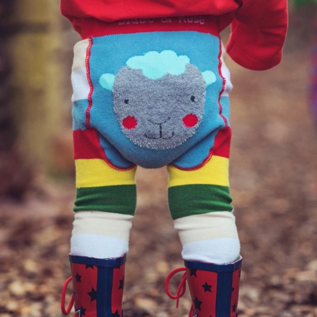 Blade & Rose | Little boy wearing rainbow striped leggings | Blue patch on the bum with a sheep face | Chocoloons